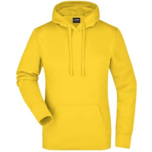 A bright yellow hooded sweatshirt with a front pocket and a logo on the label.
