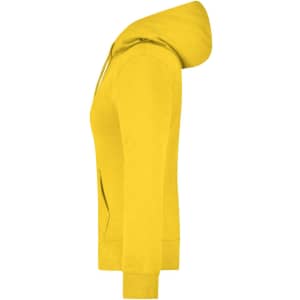 A ladies' hooded sweatshirt in vibrant yellow, featuring a hood and long sleeves. Includes a logo on the front.