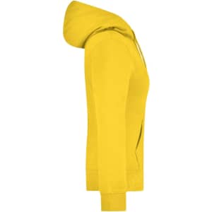 A yellow ladies hooded sweatshirt featuring a front pocket and a hood, with a logo on the front.