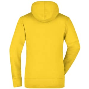 A yellow ladies hooded sweatshirt featuring a logo on the back and long sleeves.