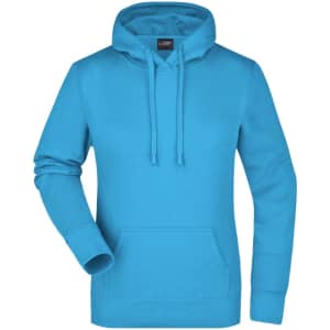A turquoise hooded sweatshirt features a front pocket and drawstring hood, with a small logo on the label.