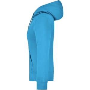 A ladies hooded sweatshirt in vibrant blue, featuring a front pocket and a hood. Includes a logo.