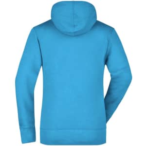 A bright blue hooded sweatshirt with a seamless back and a hood. Features a logo.