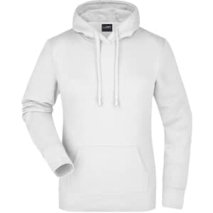 A white ladies hooded sweatshirt featuring a front pocket and a logo on the label.