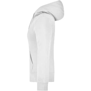 A grey hooded sweatshirt with a front pocket and a logo, displayed from the side.