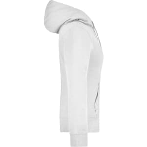 A light grey ladies hooded sweatshirt featuring a front pocket and a hood. It has a small logo on the garment.