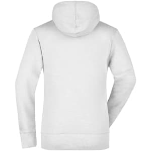 A light grey hooded sweatshirt, featuring a kangaroo pocket and a logo on the back.