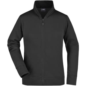 A black ladies jacket featuring a zip front and a stand-up collar, with one hand positioned on the hip.
