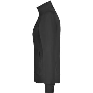 A black ladies jacket featuring a zip front and high collar. The jacket has a fitted style and side pockets.