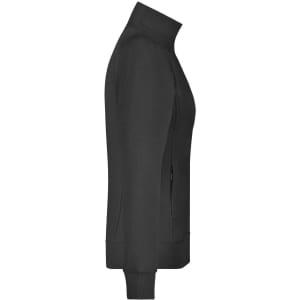 A black ladies jacket with a high collar and side pockets, featuring a subtle logo.