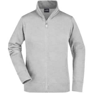 A grey zip-up ladies jacket with a collar and long sleeves. It features a logo on the chest area.