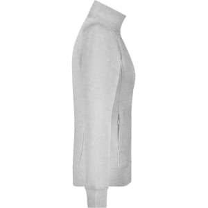 A light grey ladies' jacket with a zippered front and high collar, featuring a sleek, fitted design.