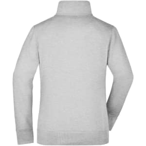 A grey ladies jacket with a high collar, featuring long sleeves and a plain back. It has a logo.
