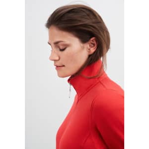 A women's red jacket with a high collar and a zip detail, featuring a sleek, fitted silhouette.
