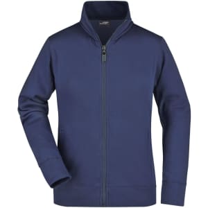 A navy ladies jacket with a full zip, high collar, and long sleeves. It features a logo on the chest.