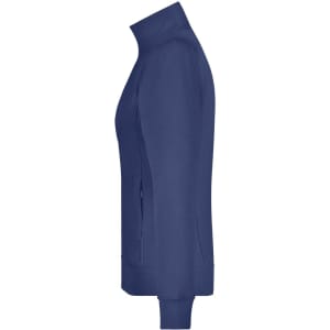 A navy ladies jacket with a high collar and side pockets, featuring a logo on the front.