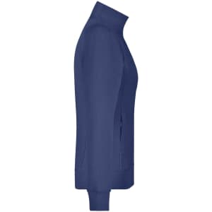 A side view of a navy ladies jacket featuring a high collar and side pockets. It includes a branding logo.