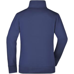 A navy ladies' jacket with a high collar and a plain back design. It features a logo on the upper back.