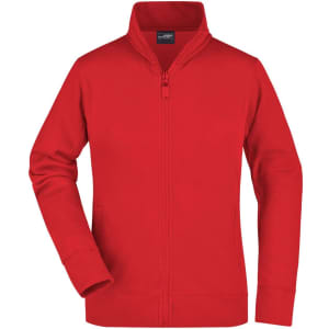 A red ladies jacket with a zip front and high collar, featuring long sleeves and a clean design.