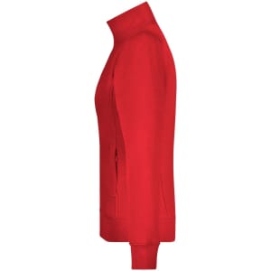 A red ladies jacket with a high collar and zippered pockets, featuring a logo on the side.