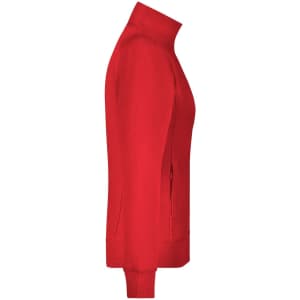 A red ladies jacket with a zip, featuring a high collar and side pockets. It has a logo on the front.