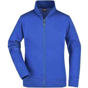 A blue ladies jacket with a zip front and a collar. It has long sleeves and features a logo.