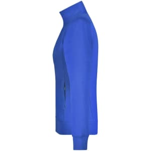 A ladies jacket in vibrant blue with a high collar and zippered pockets, featuring one logo.