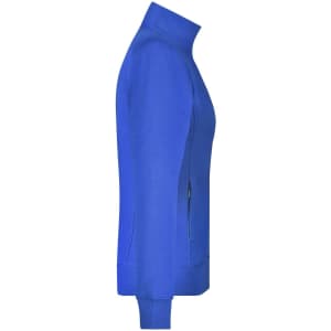 A blue ladies jacket featuring a high collar and side pockets, with a logo on the side.