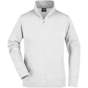 A light grey ladies jacket with a zip front and high collar. The jacket features long sleeves and has a logo.