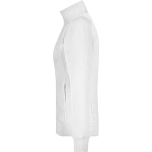 A white ladies jacket with a high collar, featuring side zip pockets and fitted cuffs. It has a simple design with a logo.