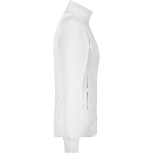 A white ladies' jacket with a high collar and zippered pockets, featuring a logo on the front.