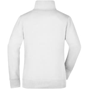 A ladies jacket in white with a high collar and long sleeves, featuring a logo on the back.