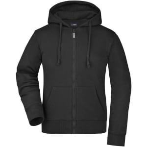 A black ladies hooded jacket with a front zipper and pockets. The design features a hood and long sleeves.