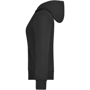 A black ladies hooded jacket with a side view, featuring a hood and ribbed cuffs. It has a simple design and includes a logo.
