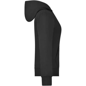 A black ladies hooded jacket featuring a fitted design and ribbed cuffs. Includes a logo on the garment.