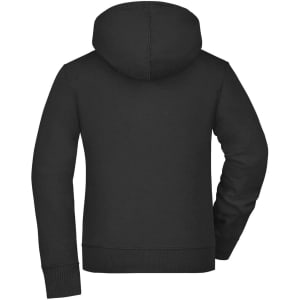 A black ladies hooded jacket featuring a kangaroo pocket and an attached hood at the back. It has a logo.