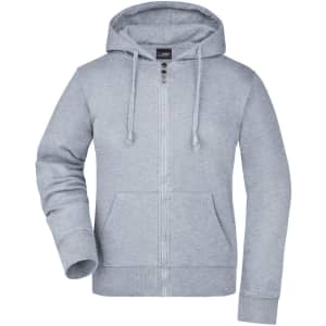 A grey ladies' hooded jacket with a zip front, long sleeves, and a pouch pocket. Includes a logo on the chest.
