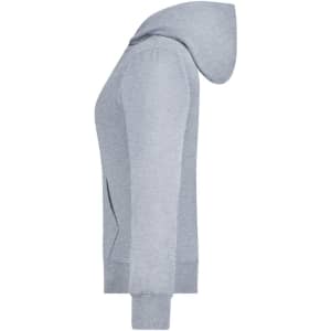 A grey ladies hooded jacket featuring a zip front and a hood. It has a logo on the sleeve.