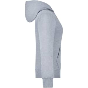 A grey ladies hooded jacket with a front pocket and ribbed cuffs. It has a logo on the fabric.