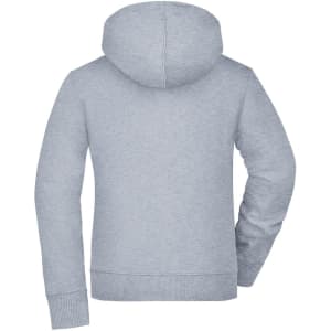 A grey ladies hooded jacket with a relaxed fit, featuring a hood and long sleeves. It has a branded logo.