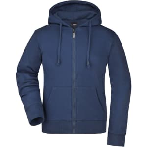 A blue ladies hooded jacket with a zip front and a logo. Features front pockets and long sleeves.