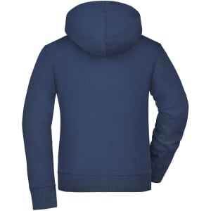 A navy ladies hooded jacket featuring a back view with a hood and ribbed cuffs. It has a subtle logo.
