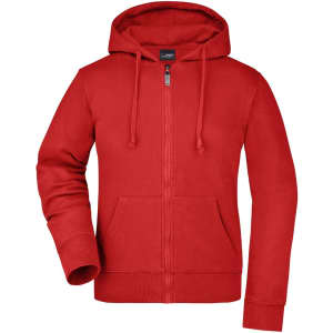 A red ladies hooded jacket with a front zipper and kangaroo pockets, featuring a logo on the chest.