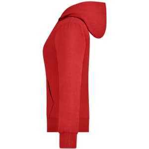 A red ladies hooded jacket featuring side pockets and a logo. The design includes a full hood and ribbed cuffs.