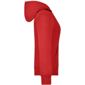 A red ladies hooded jacket with a zip and pockets, featuring a hood and a fitted design.