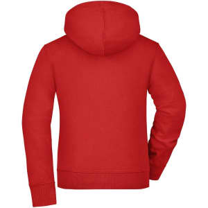 A red ladies' hooded jacket featuring a kangaroo pocket and a hood at the back. It has a logo on the sleeve.