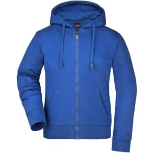 A blue ladies hooded jacket with a front zipper and a logo on the chest.