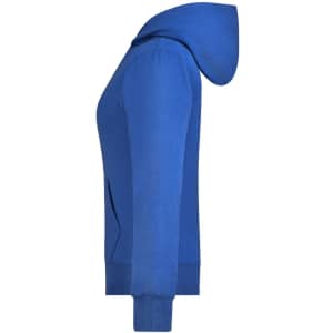 A blue ladies hooded jacket in profile view, featuring a hood and ribbed cuffs with a logo present.