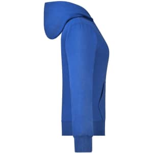 A blue ladies hooded jacket with a fitted design and a hood, featuring a front pocket and ribbed cuffs.