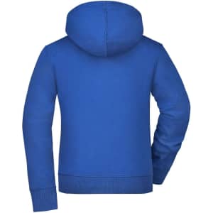 A blue ladies hooded jacket with a full back design and a single hood. Features ribbed cuffs and hem.